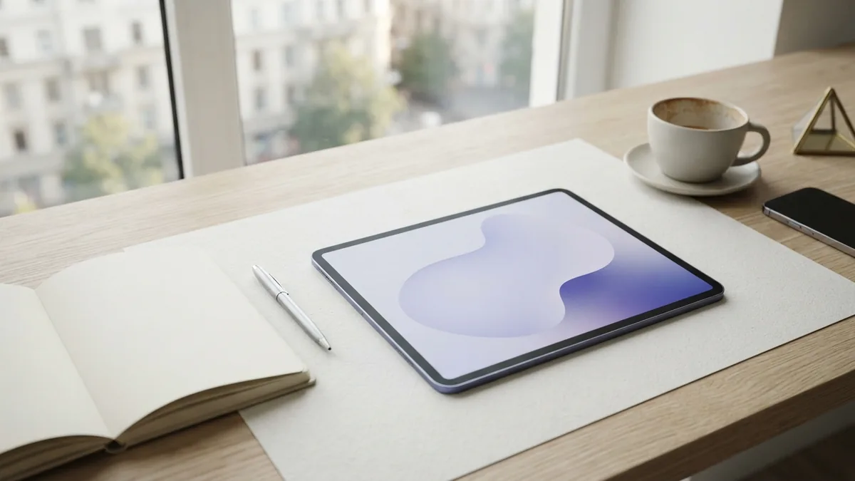 Tools for planning and testing web pages Tablet with abstract colors beside a blank notebook in a bright web design workspace