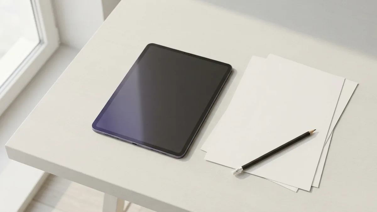 Planning the parts of a website Tablet and blank paper on a light desk, representing the design and content parts of a website