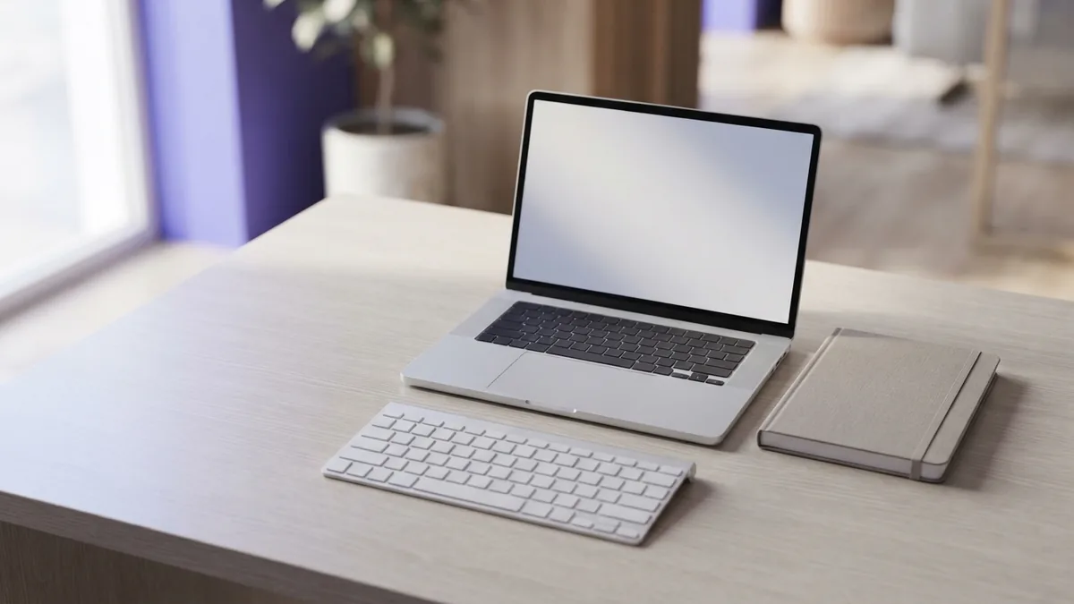 Laptop and simple desk tools in a bright workspace, representing web development technologies