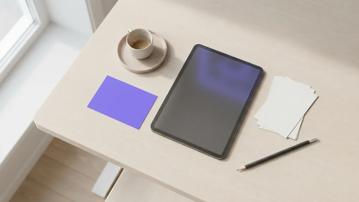 Core parts of a web page design Blank paper swatches and a tablet arranged to suggest web page layout, color, and type choices