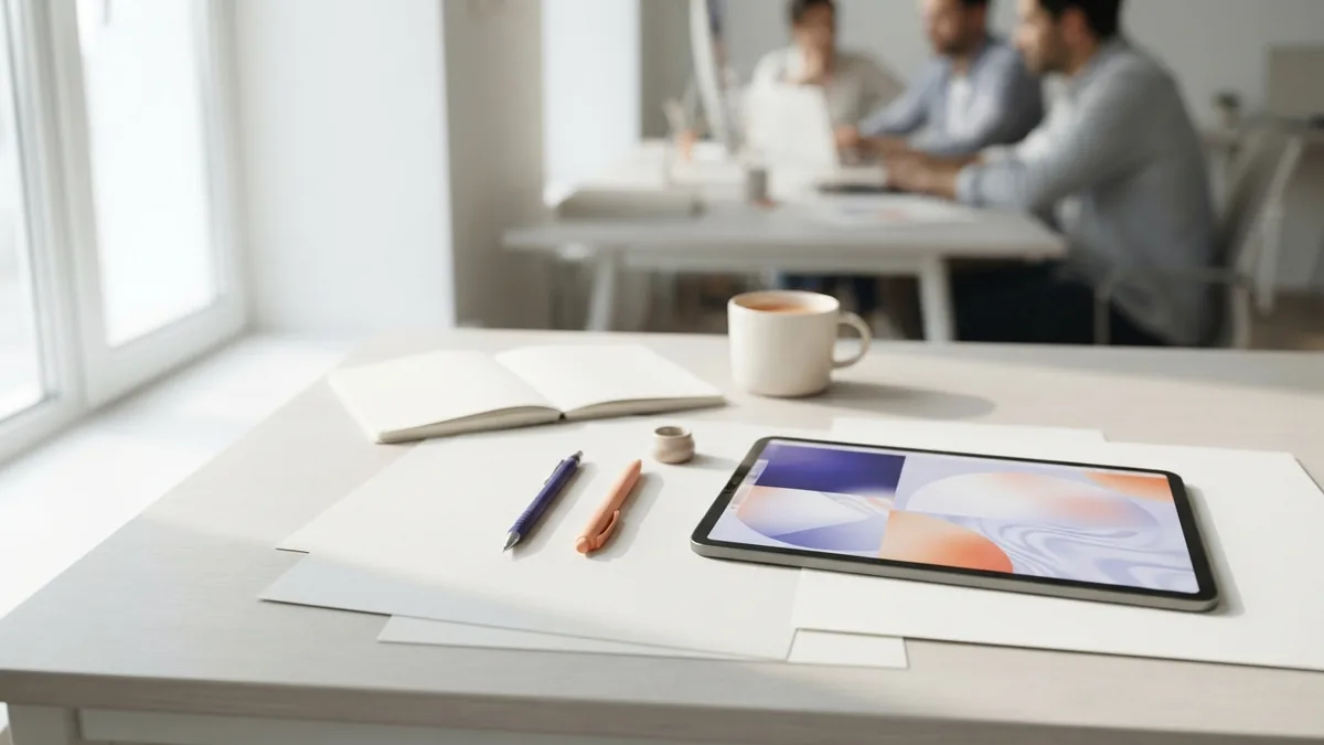 Airy design desk with abstract color blocks, blank sheets, and modern creative tools