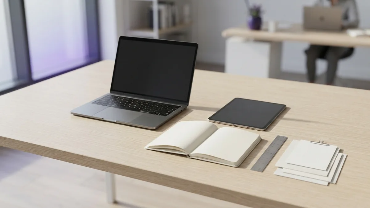 Modern design workspace with laptop, tablet, ruler, and blank project materials