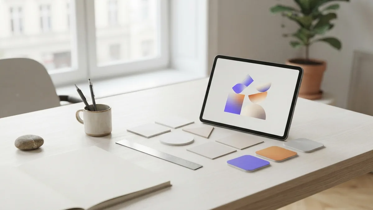 Minimal design study with geometric cards, color tiles, ruler, and abstract forms
