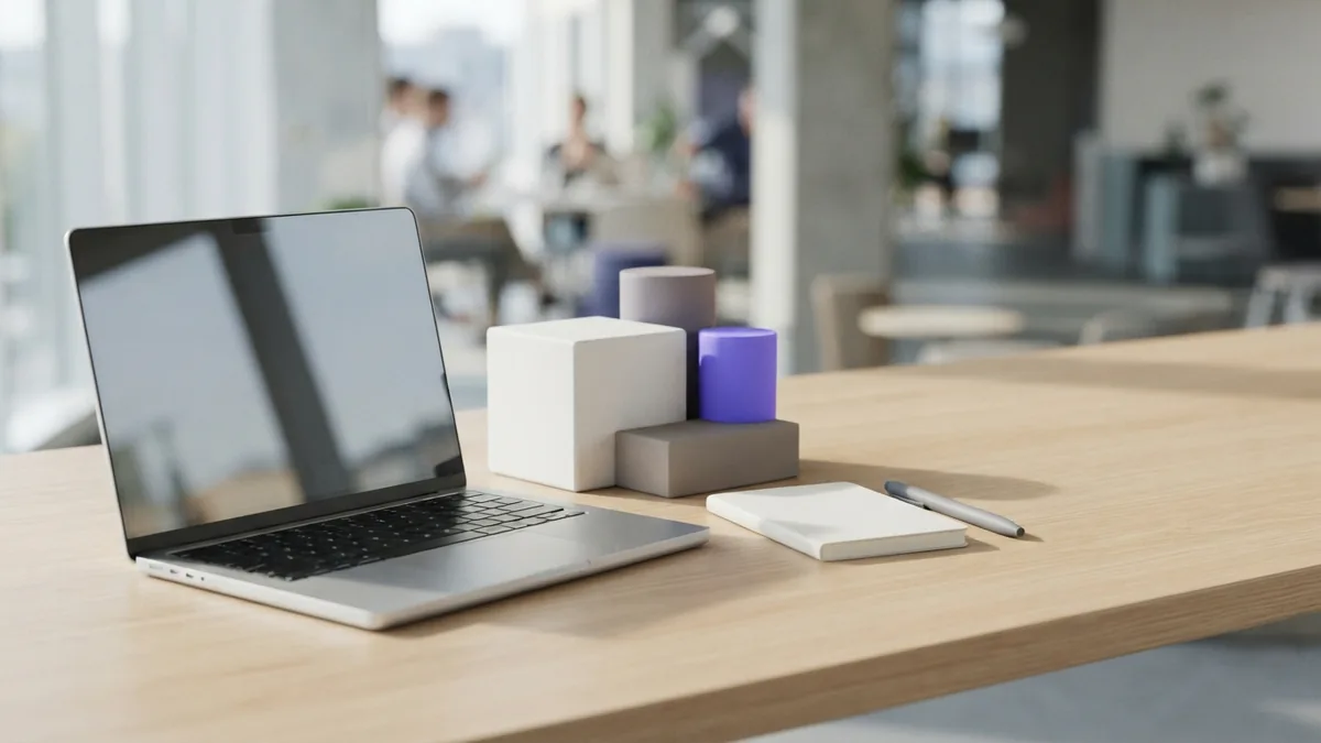 Laptop and violet geometric blocks representing the three parts of search engine optimization