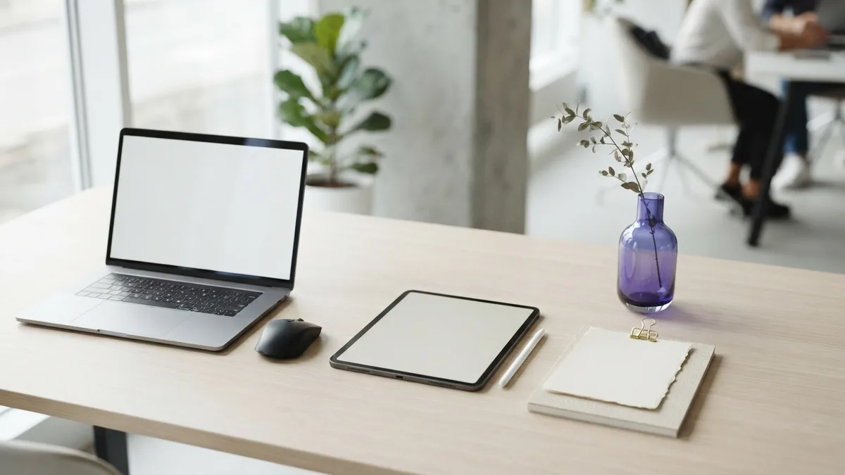 A bright view of SEO’s future Bright modern workspace with devices and violet accents suggesting the future of SEO