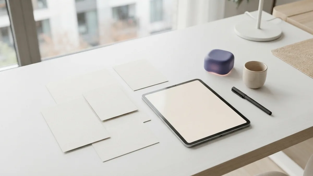 Abstract brand identity materials arranged on a bright desk with soft violet accents