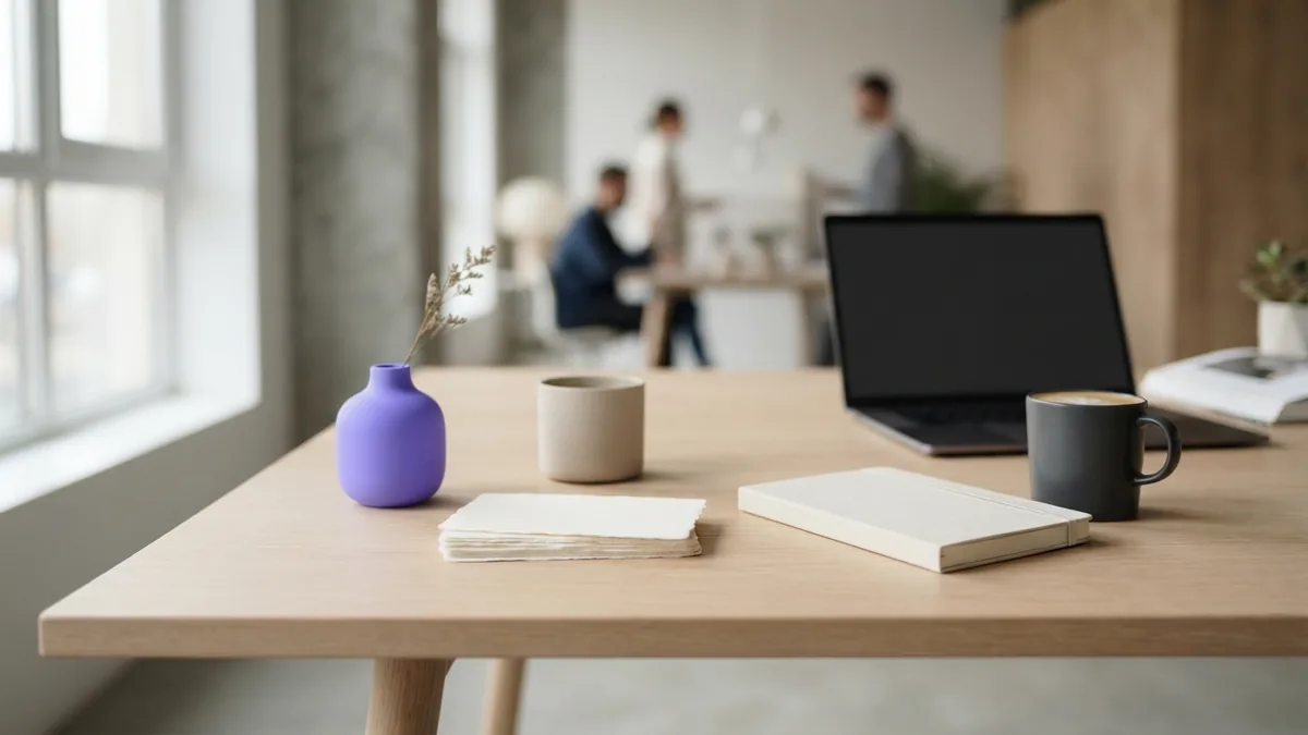 Minimal geometric brand strategy scene with muted forms and a restrained violet accent