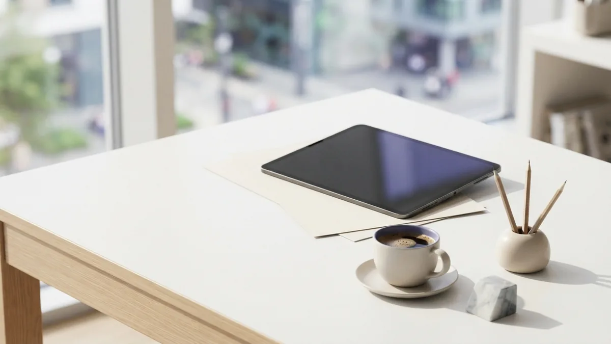 Reviewing brand performance calmly Bright workspace for reviewing brand results with blank papers and subtle violet detail