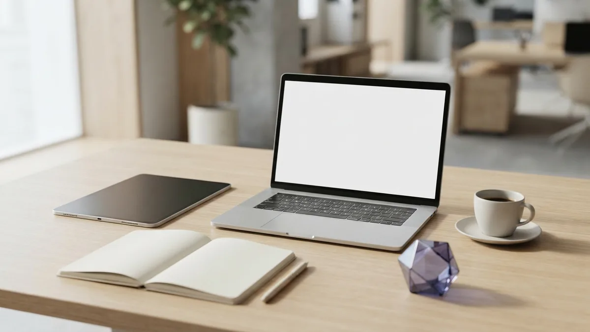 Bright marketing desk with blank devices and subtle violet geometric accents