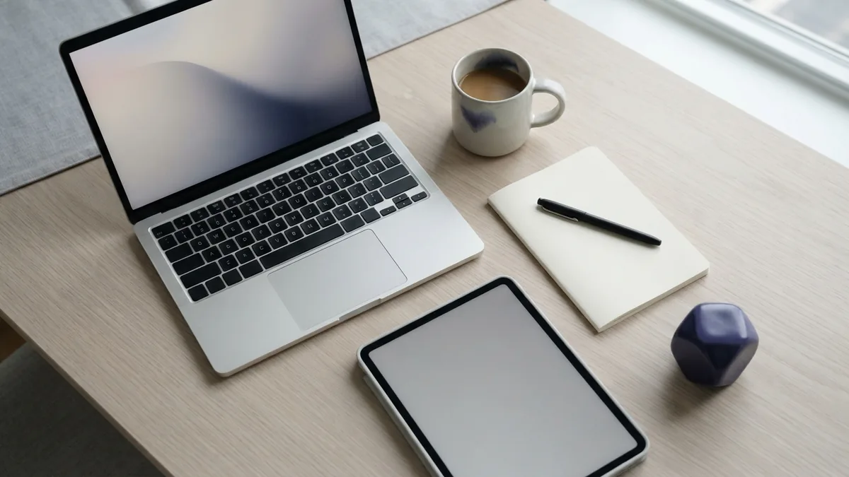 Minimal strategy planning desk with blank paper, tablet, laptop, and violet accent