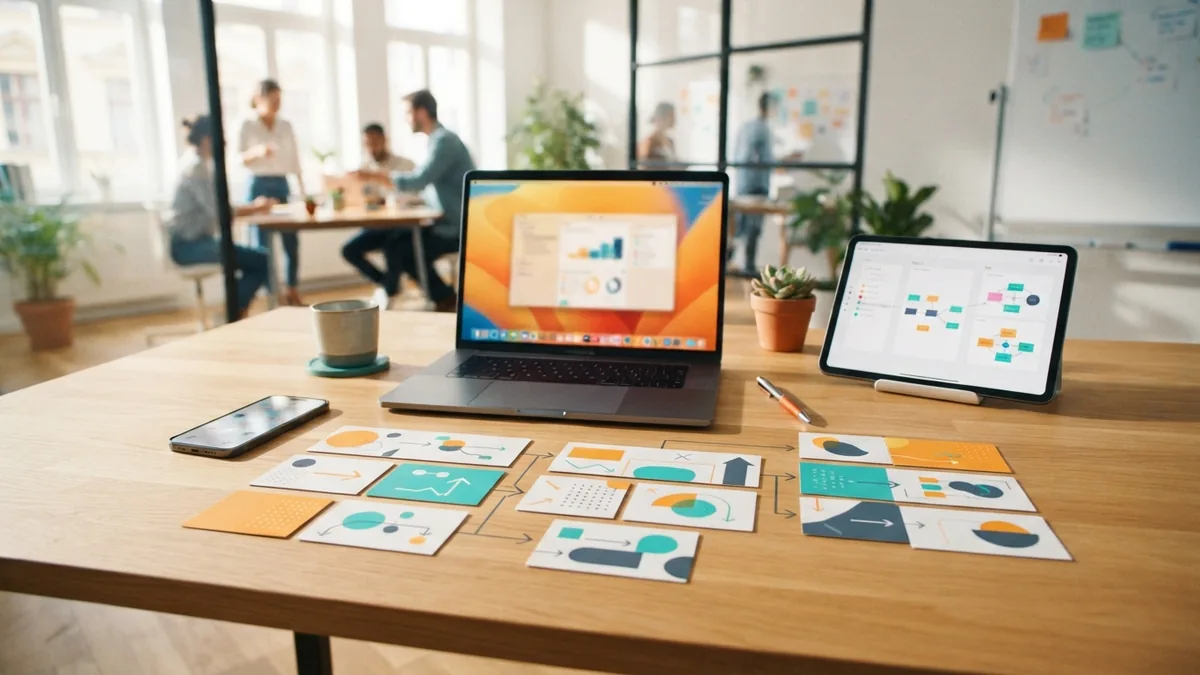 Digital marketing channels working together Connected marketing channels shown through devices and printed planning cards on a desk