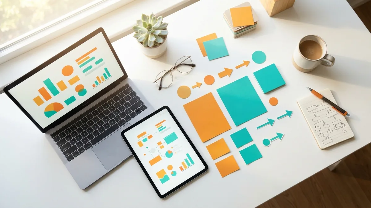 Campaign planning workspace with audience cards, charts, and devices for strategy work