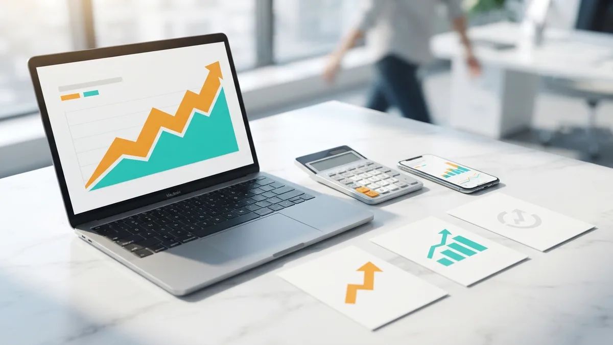 Measuring digital marketing results Online campaign measurement setup with laptop, calculator, charts, and phone