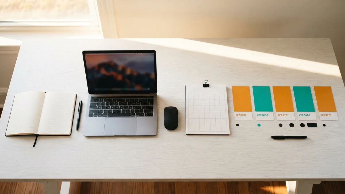 Step-by-step marketing plan arranged with calendar, notebook, laptop, and colored cards