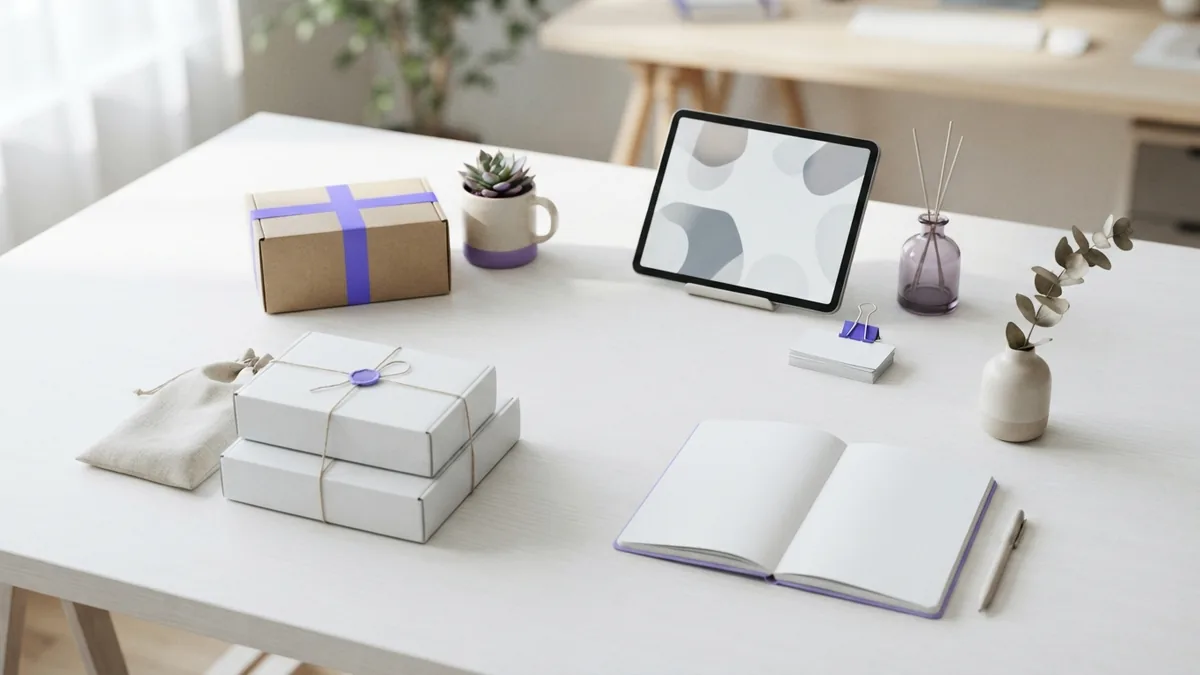 Minimal desk arrangement showing varied online selling models and retail products