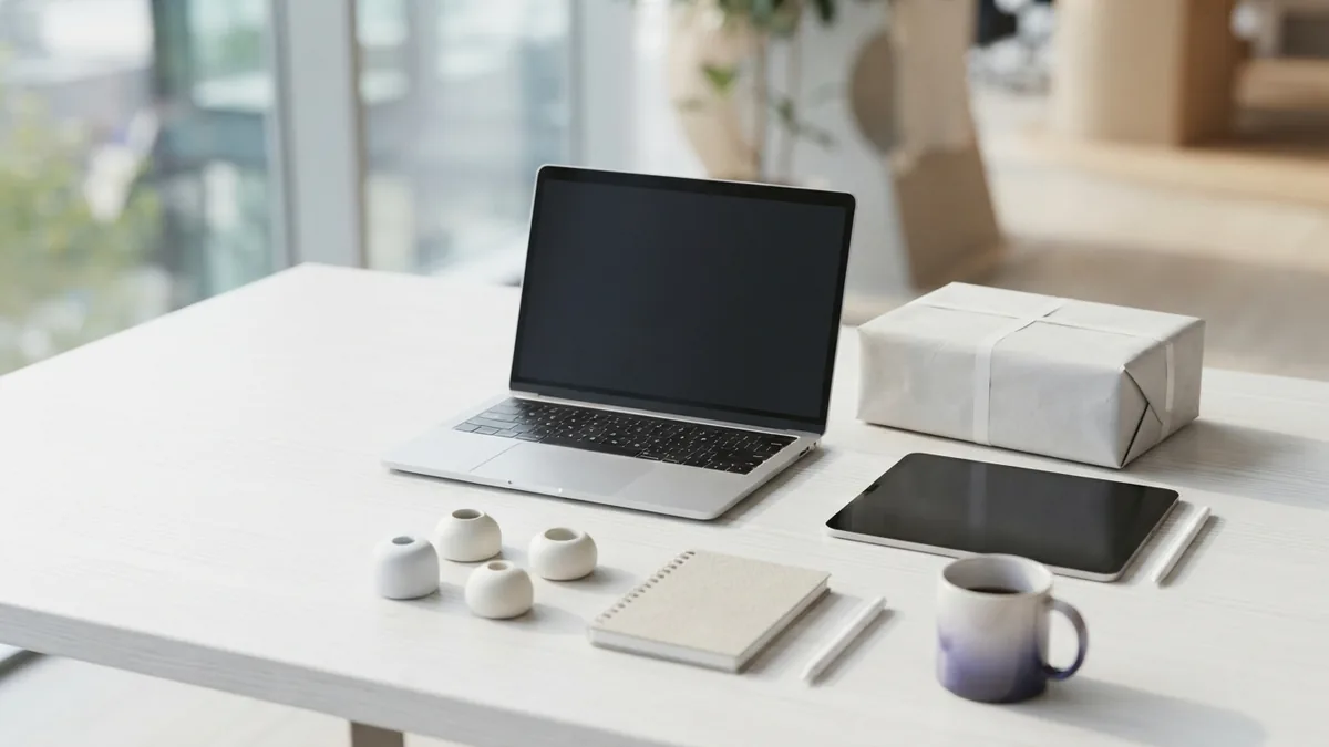 Bright online store workspace with parcels and product samples on a clean desk