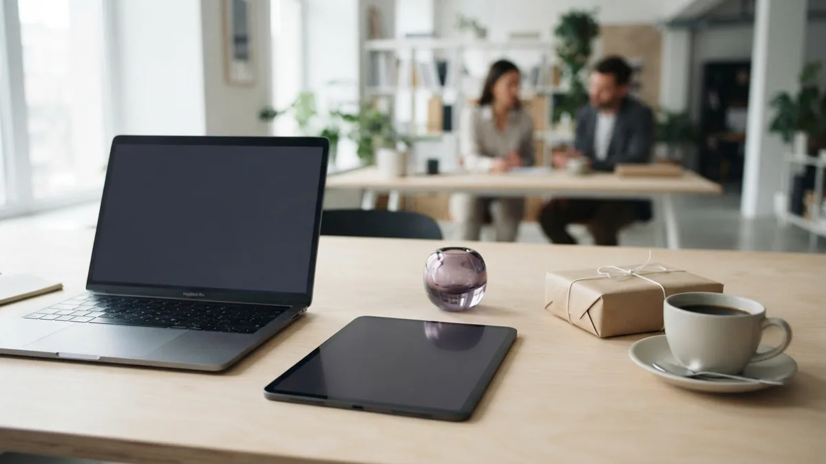 Modern e-commerce tools and parcel arranged in a bright editorial workspace