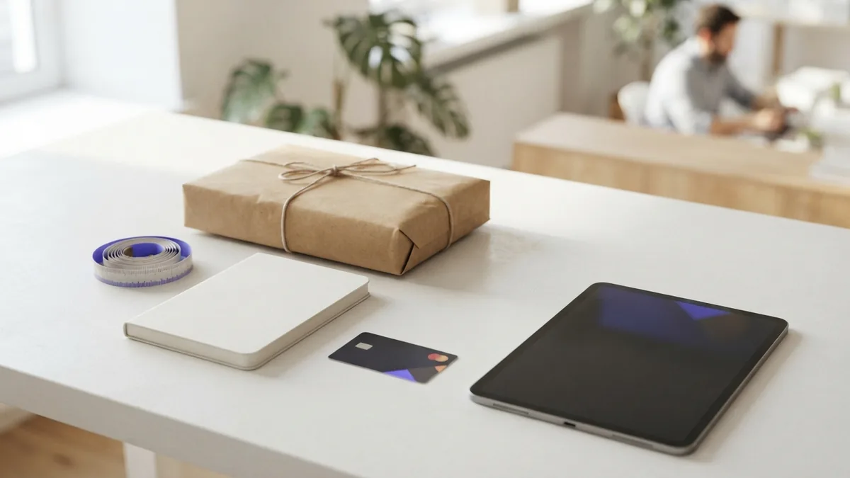 Planning for e-commerce challenges Carefully arranged parcel and retail tools representing online store planning needs