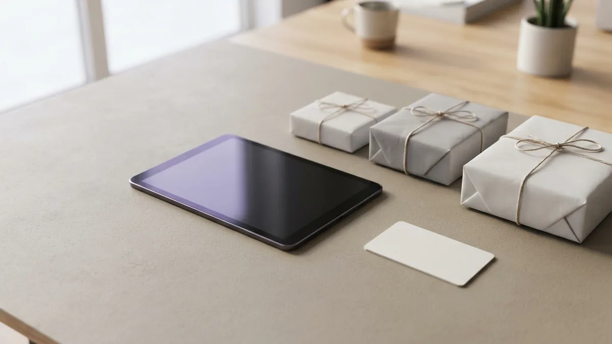 Bright flat lay of ecommerce parcels, tablet, and payment objects in a calm workspace