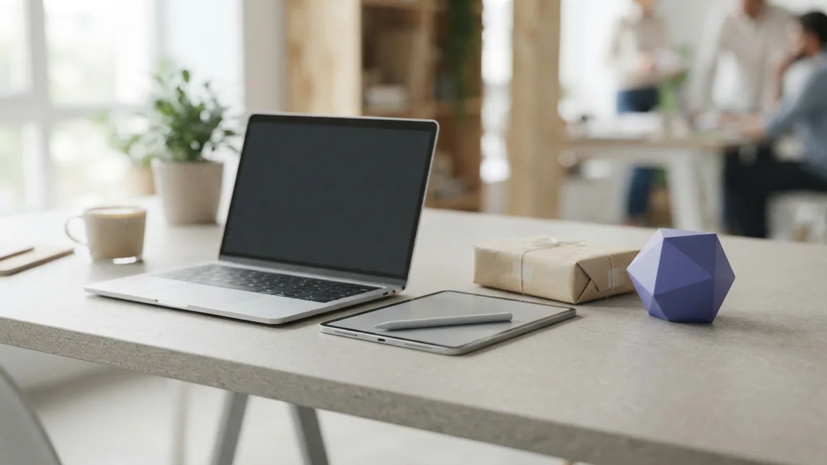 Modern ecommerce workspace with blank devices, parcel, and soft violet geometric accent