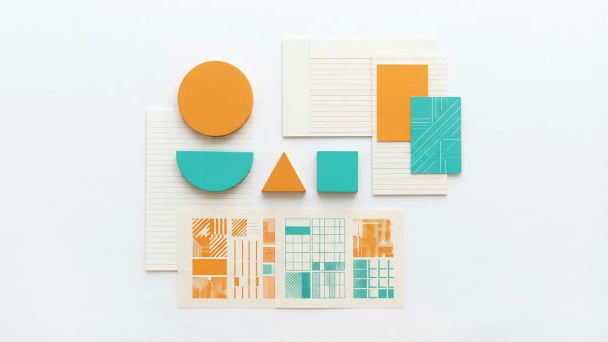 Graphic design elements arranged in a balanced layout with color and type samples
