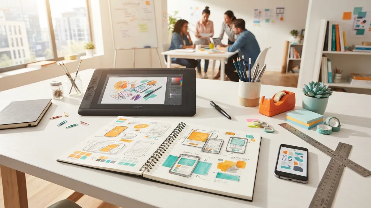 Graphic design skills in practice Creative studio desk showing sketches, color studies, and digital design tools
