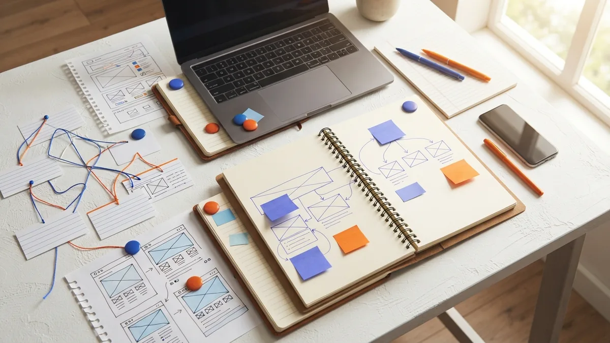 Mapping the main SEO components Website planning desk with connected cards and notes for content and link strategy