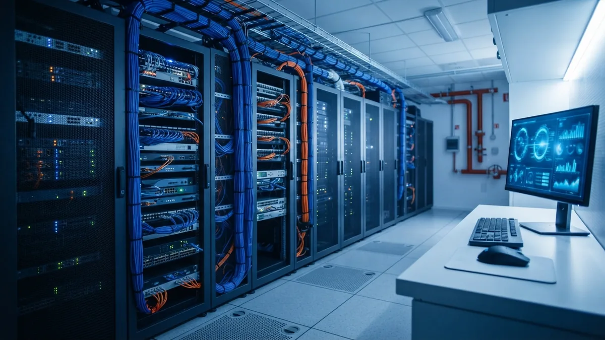A solid technical site foundation Modern server room with network racks and cables representing technical site health