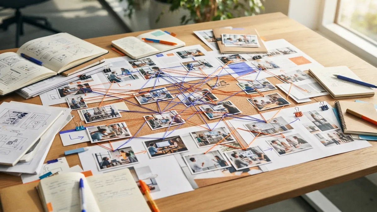 Organized desk with connected web planning materials for on-page and off-page SEO