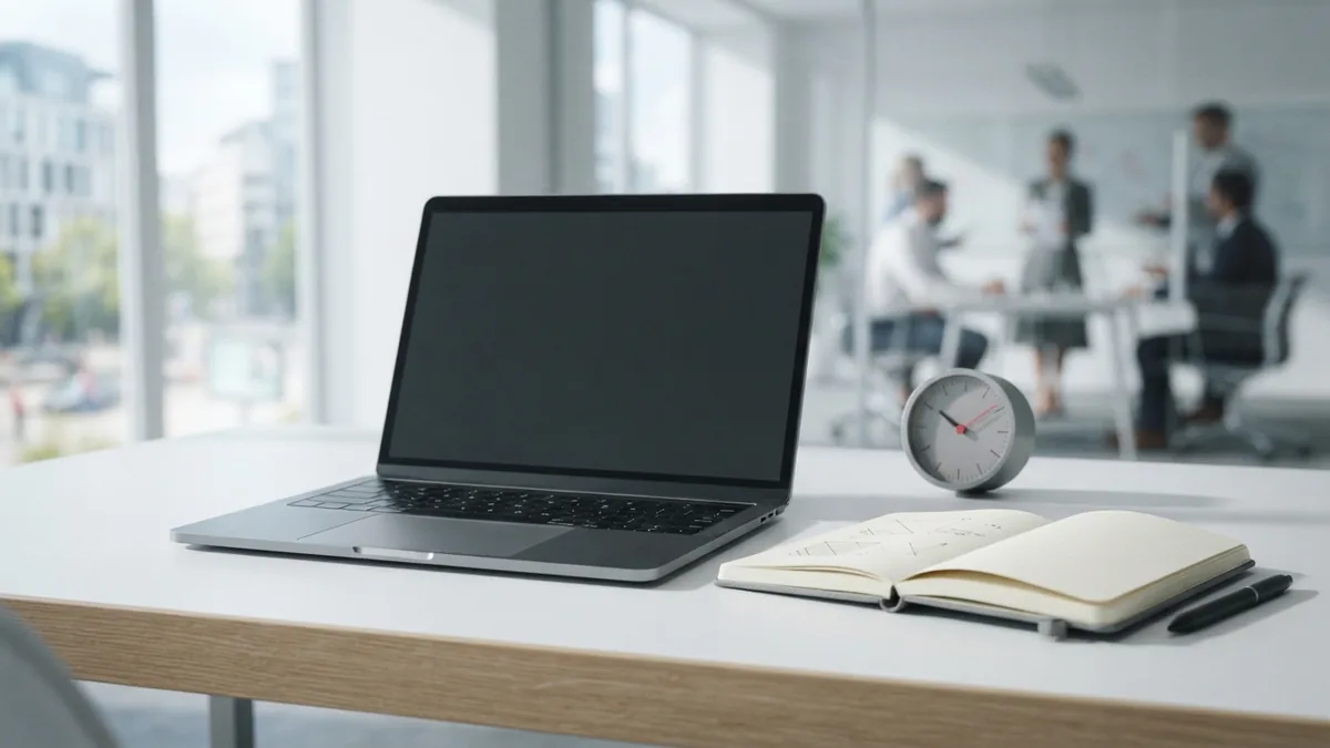 Technical website audit setup with laptop, notes, and performance charts