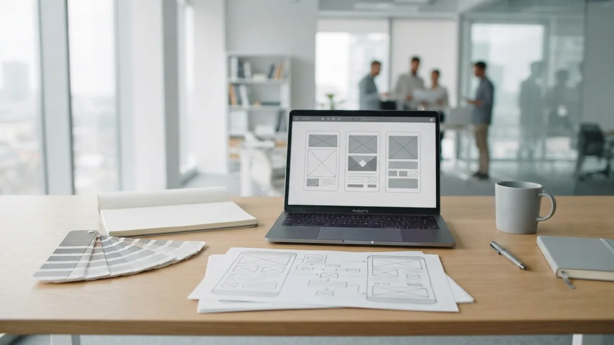 Connecting brand and website planning Creative desk with color swatches, laptop, and site planning materials