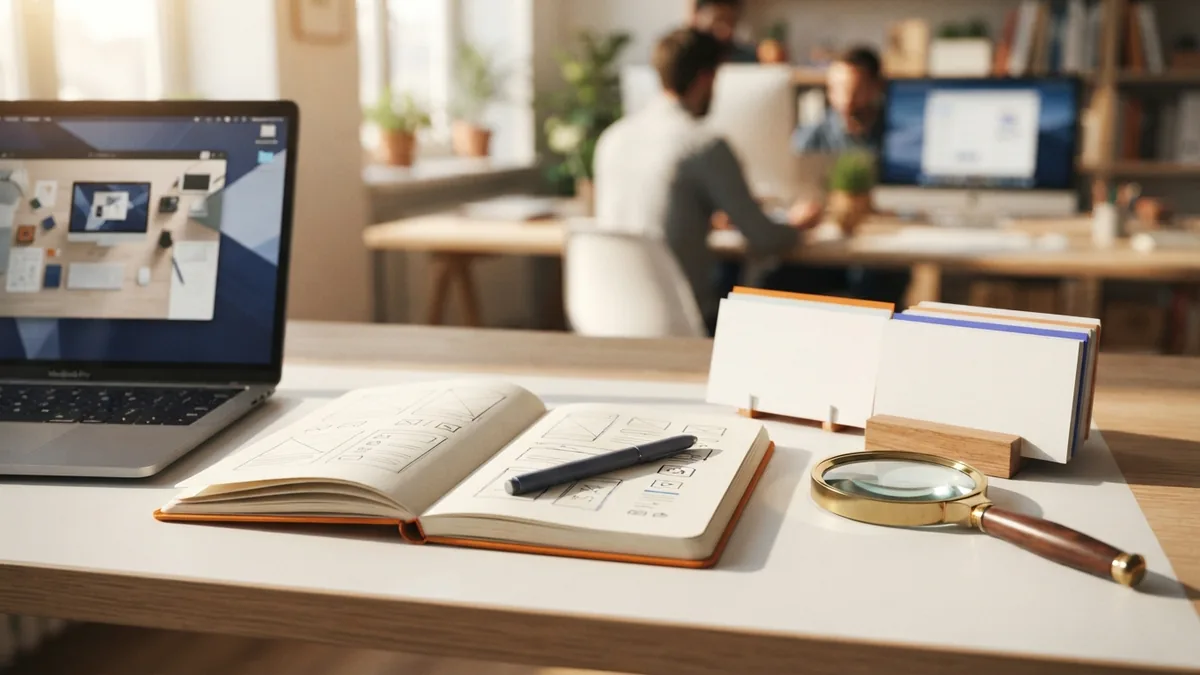 Planning clear on-page SEO Workstation with notebook and planning tools for clear on-page SEO