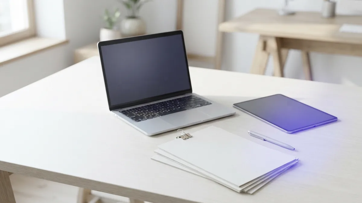 Bright workspace showing an organized website planning setup with subtle violet accents