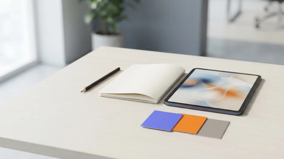 Graphic design skill practice with blank notebook, color cards, pencil, and abstract tablet shapes