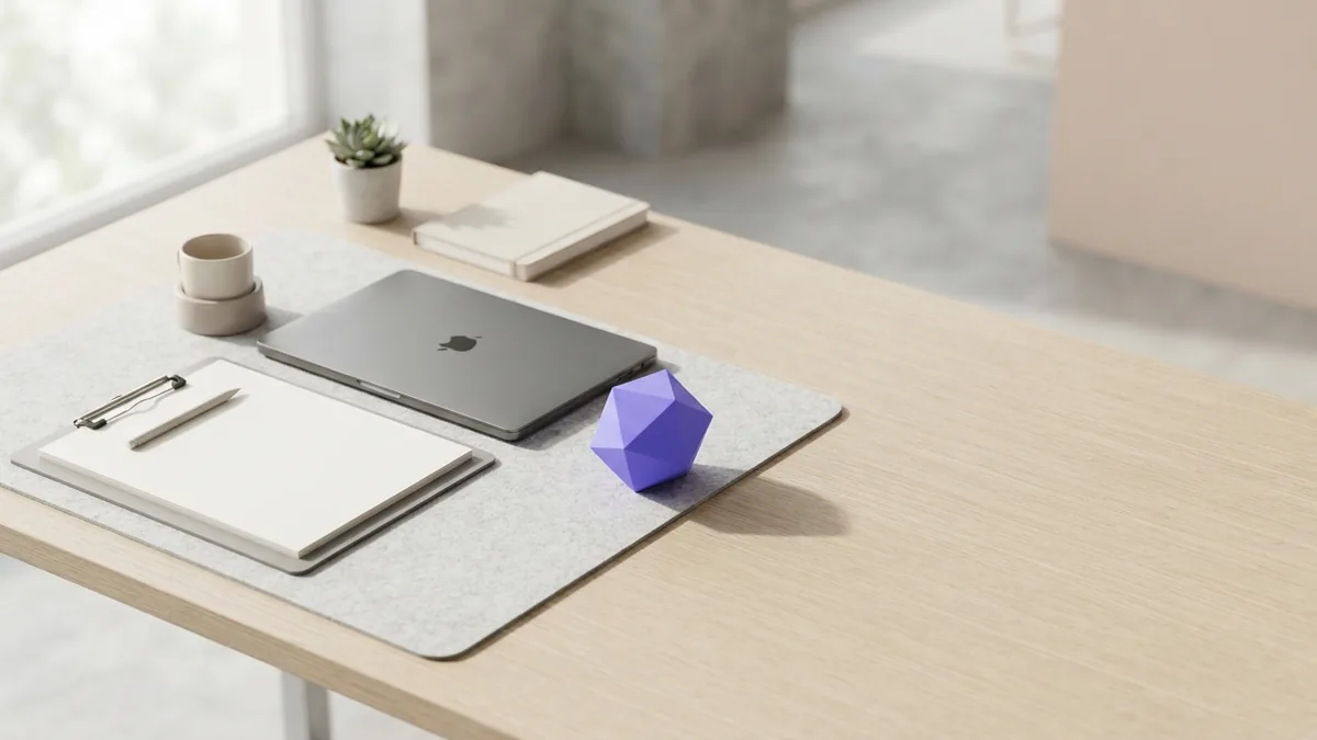 Brand design planning workspace with blank sheets, laptop, stationery, and violet accent