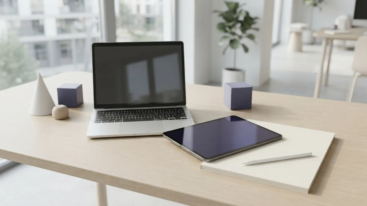 Modern design tools Modern graphic design tools on a bright desk with tablet, laptop, stylus, and violet forms